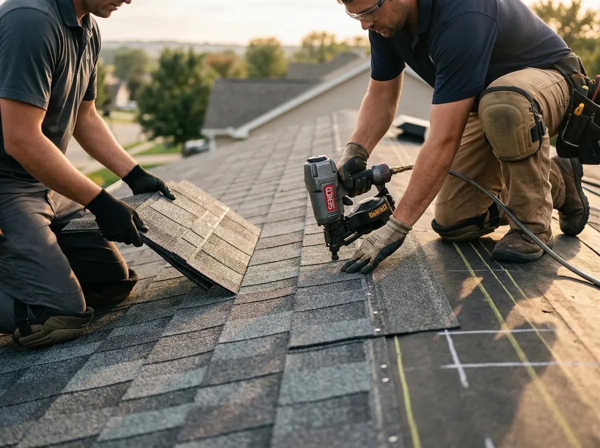 Professional roofer working on a residential roof in South Abington